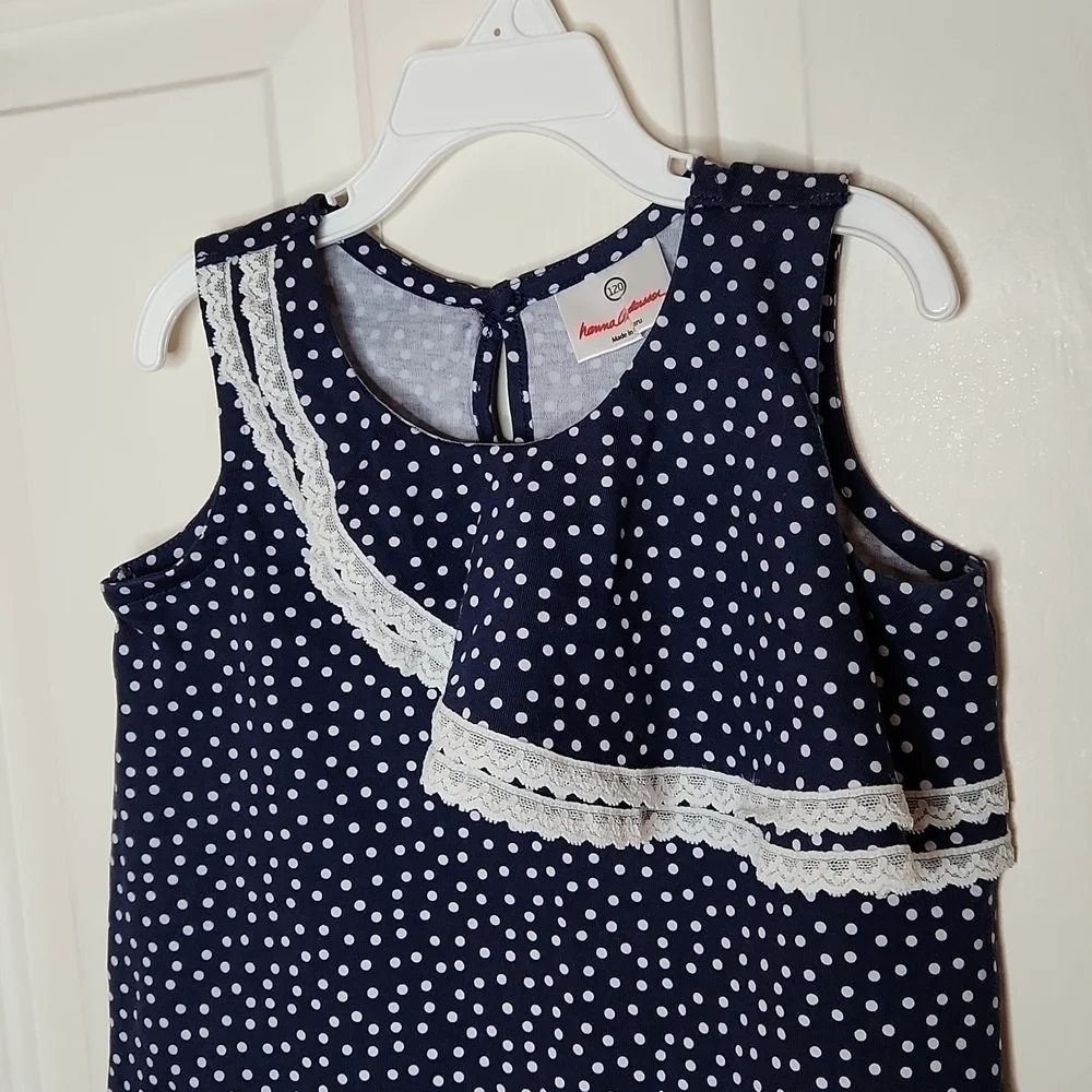 Hanna Andersson Girls Navy Lace Trim Polka Dot Top Size 120 or Size 6
